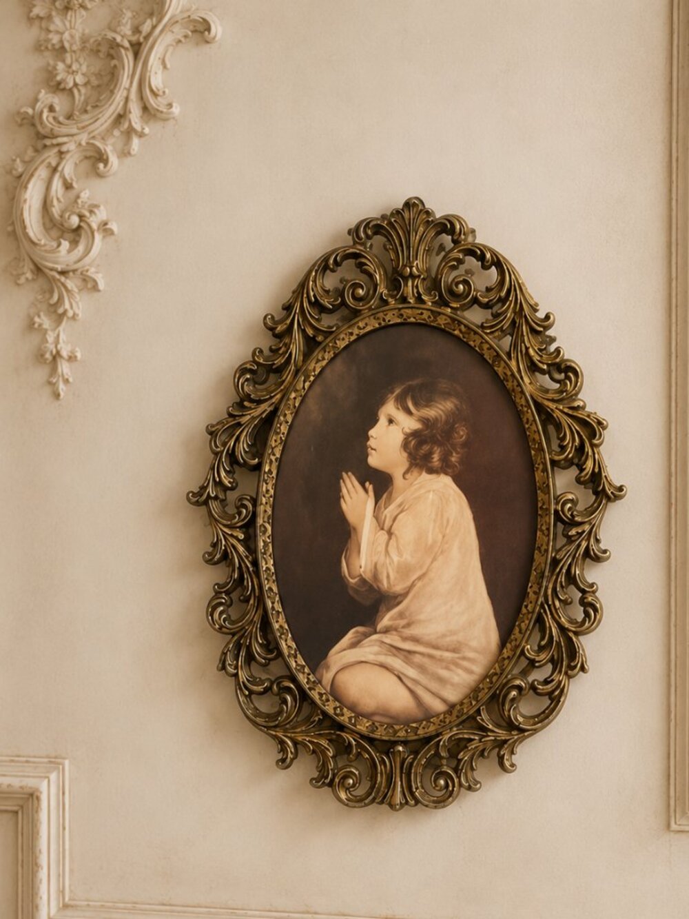 Vintage Italian "The Infant Samuel" Artwork by Sir Joshua Reynolds Brass Frame